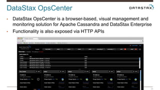 DataStax OpsCenter 
24 
• DataStax OpsCenter is a browser-based, visual management and 
monitoring solution for Apache Cassandra and DataStax Enterprise 
• Functionality is also exposed via HTTP APIs 
 