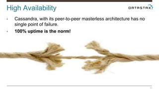 High Availability 
37 
• Cassandra, with its peer-to-peer masterless architecture has no 
single point of failure. 
• 100% uptime is the norm! 
 