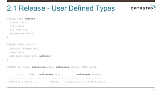 2.1 Release - User Defined Types 
50 
CREATE TYPE address ( 
street text, 
city text, 
zip_code int, 
phones set<text> 
) 
CREATE TABLE users ( 
id uuid PRIMARY KEY, 
name text, 
addresses map<text, address> 
) 
SELECT id, name, addresses.city, addresses.phones FROM users; 
id | name | addresses.city | addresses.phones 
--------------------+----------------+-------------------------- 
63bf691f | chris | Berlin | {’0201234567', ’0796622222'} 
 