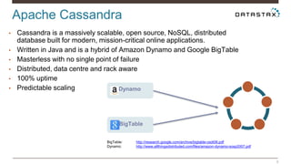 Apache Cassandra 
9 
• Cassandra is a massively scalable, open source, NoSQL, distributed 
database built for modern, mission-critical online applications. 
• Written in Java and is a hybrid of Amazon Dynamo and Google BigTable 
• Masterless with no single point of failure 
• Distributed, data centre and rack aware 
• 100% uptime 
• Predictable scaling Dynamo 
BigTable 
BigTable: http://research.google.com/archive/bigtable-osdi06.pdf 
Dynamo: http://www.allthingsdistributed.com/files/amazon-dynamo-sosp2007.pdf 
 