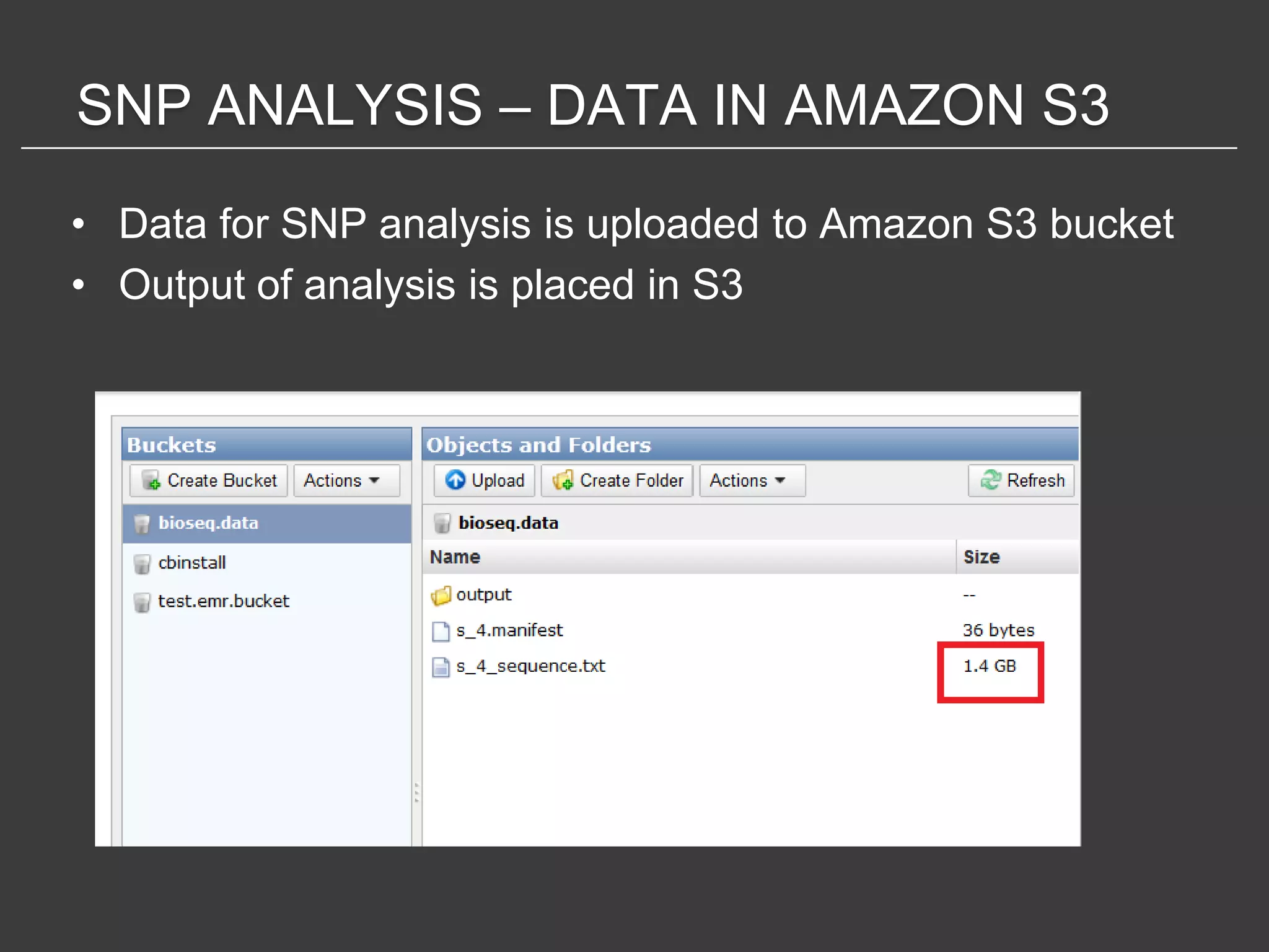 SNP ANALYSIS – DATA IN AMAZON S3

• Data for SNP analysis is uploaded to Amazon S3 bucket
• Output of analysis is placed in S3
 