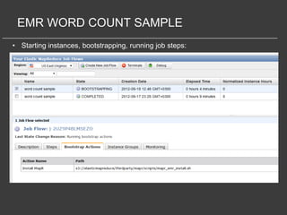 EMR WORD COUNT SAMPLE
• Starting instances, bootstrapping, running job steps:
 
