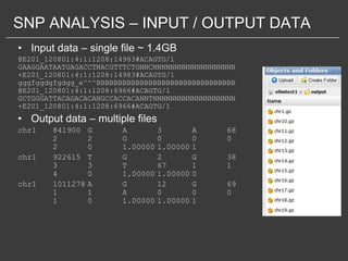 SNP ANALYSIS – INPUT / OUTPUT DATA
• Input data – single file ~ 1.4GB
@E201_120801:4:1:1208:14983#ACAGTG/1
GAAGGAATAATGAGACCTNACGTTTCTGNNCNNNNNNNNNNNNNNNNNNN
+E201_120801:4:1:1208:14983#ACAGTG/1
gggfggdgfgdgg_e^^^BBBBBBBBBBBBBBBBBBBBBBBBBBBBBBBB
@E201_120801:4:1:1208:6966#ACAGTG/1
GCTGGGATTACAGACACANGCCACCACANNTNNNNNNNNNNNNNNNNNNN
+E201_120801:4:1:1208:6966#ACAGTG/1
• Output data – multiple files
chr1    841900    G     A         3         A   68
        2         2     G         0         0   0
        2         0     1.00000   1.00000   1
chr1    922615    T     G         2         G   38
        3         3     T         67        1   1
        4         0     1.00000   1.00000   0
chr1    1011278   A     G         12        G   69
        1         1     A         0         0   0
        1         0     1.00000   1.00000   1
 