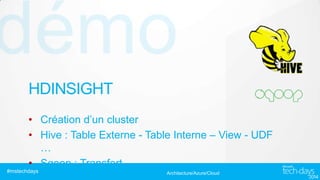 HDINSIGHT
• Création d’un cluster
• Hive : Table Externe - Table Interne – View - UDF
…
• Sqoop : Transfert
#mstechdays

Architecture/Azure/Cloud

 