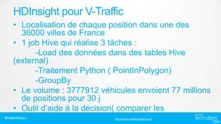 HDInsight pour V-Traffic
• Localisation de chaque position dans une des
36000 villes de France
• 1 job Hive qui réalise 3 tâches :
-Load des données dans des tables Hive
(external)
-Traitement Python ( PointInPolygon)
-GroupBy
• Le volume : 3777912 véhicules envoient 77 millions
de positions pour 30 j
• Outil d’aide à la décision( comparer les
fournisseurs )
#mstechdays
Architecture/Azure/Cloud

 
