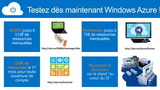 Testez dès maintenant Windows Azure !
MSDN:

Partenaires:

http://aka.ms/MSDN/Avantages/Abo

150€ de
ressources

http://aka.ms/Azure/Partner

Poursuivez la
discussion
sur le stand “au
coeur du SI”
http://aka.ms/free/trial

 
