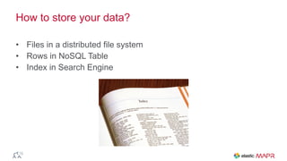How to store your data?
• Files in a distributed file system
• Rows in NoSQL Table
• Index in Search Engine
 