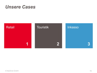 Unsere Cases

Retail

Touristik

1

© Neofonie GmbH

Inkasso

2

3

15

 