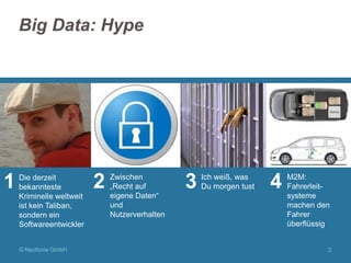 Big Data: Hype

1

Die derzeit
bekannteste
Kriminelle weltweit
ist kein Taliban,
sondern ein
Softwareentwickler
© Neofonie GmbH

2

Zwischen
„Recht auf
eigene Daten“
und
Nutzerverhalten

3

Ich weiß, was
Du morgen tust

4

M2M:
Fahrerleitsysteme
machen den
Fahrer
überflüssig

3

 