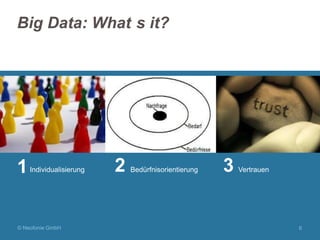 Big Data: What s it?

1

Individualisierung

© Neofonie GmbH

2

Bedürfnisorientierung

3

Vertrauen

6

 