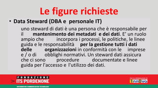 Le figure richieste 
• Data Steward (DBA e personale IT) 
uno steward di dati è una persona che è responsabile per 
il mantenimento dei metadati e dei dati. E’ un ruolo 
ampio che incorpora i processi, le politiche, le linee 
guida e le responsabilità per la gestione tutti i dati 
delle organizzazioni in conformità con le imprese 
e / o di obblighi normativi. Un steward dati assicura 
che ci sono procedure documentate e linee 
guida per l'accesso e l'utilizzo dei dati. 
 