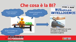 Che cosa è la BI? 
Sistema di pagamenti con carta 
di credito e con milioni di 
transazioni al giorno 
Quante transazioni al 
girono? 
Quante transazioni 
sono rifiutate? 
Quale è il profitto per 
transazione? 
 