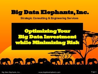 Big Data Elephants,Inc.
Strategic Consulting & Engineering Services
wwww.bigdataelephants.com	
  
OptimizingYour
Big Data Investment
while Minimizing Risk
Big	
  Data	
  Elephants,	
  Inc.	
   	
  Page	
  1	
  
 