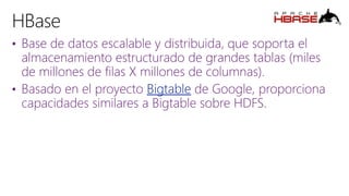 • Base de datos escalable y distribuida, que soporta el
almacenamiento estructurado de grandes tablas (miles
de millones de filas X millones de columnas).
• Basado en el proyecto Bigtable de Google, proporciona
capacidades similares a Bigtable sobre HDFS.
 