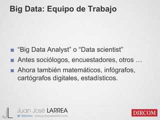 Big Data: Equipo de Trabajo
■ “Big Data Analyst” o “Data scientist”
■ Antes sociólogos, encuestadores, otros …
■ Ahora tam...