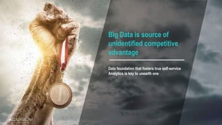 Big Data is source of
unidentified competitive
advantage
Data foundation that fosters true self-service
Analytics is key to unearth one
 