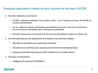 Quelques applications traitant de gros volumes de données à SCOR
  Données collectées sur le marché
  En P&C, expositions détaillées (cat, aviation, credit…) pour l’analyse de risque, le contrôle de
cumuls et la tarification
  En Vie, détail des polices individuelles (principalement aux US), à des fins de tarification,
provisionnement, embedded-value, et analyse de portefeuille
  Données nécessaires à la fourniture de services de souscription en ligne aux Clients Vie
  Données générées par des applications de simulations de scénarios multiples
  Resultats de simulations de catastrophes naturelles
  Simulations de cash-flows pour calcul de provisonnement et embedded-value
  Analyses Financières Dynamiques (DFA) utilisées pour le modèle interne
  Données non-structurées
  Intelligence Economique SCORWatch
20 
 