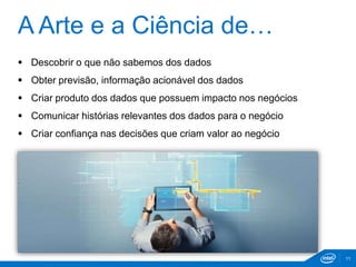 A Arte e a Ciência de… 
11 
 Descobrir o que não sabemos dos dados 
 Obter previsão, informação acionável dos dados 
 Criar produto dos dados que possuem impacto nos negócios 
 Comunicar histórias relevantes dos dados para o negócio 
 Criar confiança nas decisões que criam valor ao negócio 
 