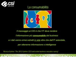 Il messaggio ai CIO è che l’IT deve rendere
l’informazione più consumabile dal business
e i dati vanno ormai estratti in rete oltre che dall’IT aziendale,
per ottenerne informazione o intelligence
Ricerca Gartner “The 2012 Gartner CEO and senior business executive survey”
La consumabilità
 