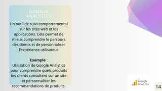 Un outil de suivi comportemental
sur les sites web et les
applications. Cela permet de
mieux comprendre le parcours
des clients et de personnaliser
l'expérience utilisateur.
Exemple :
Utilisation de Google Analytics
pour comprendre quels produits
les clients consultent sur un site
et personnaliser les
recommandations de produits.
GOOGLE
ANALYTICS
14
 