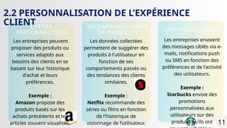 Les données collectées
permettent de suggérer des
produits à l'utilisateur en
fonction de ses
comportements passés ou
des tendances des clients
similaires.
Exemple :
Netflix recommande des
séries ou films en fonction
de l'historique de
visionnage de l’utilisateur.
2.2 PERSONNALISATION DE L’EXPÉRIENCE
CLIENT
OFFRES
PERSONNALISÉES
RECOMMANDATIONS
DE PRODUITS
MESSAGES CIBLÉS
Les entreprises peuvent
proposer des produits ou
services adaptés aux
besoins des clients en se
basant sur leur historique
d'achat et leurs
préférences.
Exemple :
Amazon propose des
produits basés sur les
achats précédents et les
articles souvent visualisés.
Les entreprises envoient
des messages ciblés via e-
mails, notifications push
ou SMS en fonction des
préférences et de l’activité
des utilisateurs.
Exemple :
Starbucks envoie des
promotions
personnalisées aux
utilisateurs sur des
produits qu'ils ont 11
 