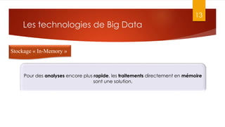 Les technologies de Big Data
13
Stockage « In-Memory »
Pour des analyses encore plus rapide, les traitements directement en mémoire
sont une solution.
 