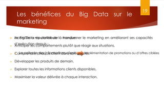 Les bénéfices du Big Data sur le
marketing
19
 Le Big Data va contribuer à transformer le marketing en améliorant ses capacités
d’exécution depuis :
 La collecte des informations clients Implémentation de promotions ou d’offres ciblées
 Accroître la réputation de la marque.
 Anticiper les comportements plutôt que réagir aux situations.
 Comprendre chaque client dans son unicité.
 Développer les produits de demain.
 Explorer toutes les informations clients disponibles.
 Maximiser la valeur délivrée à chaque interaction.
 