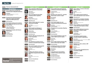 Day Two                   Thursday 20th September 2012



08:50   Chairman’s Opening Remarks                                       Stream A - Protect It              OR                Stream B - Analyse It                OR                   Stream C - Use It

                  Morning Plenary                          12:00   How to generate an ROI through a              12:00   How to build success with advanced             12:00   How to deliver a common information
                                                                   positive approach to data privacy                     architecture and internal collaboration                delivery service
09.00   How to obtain buy-in amongst the
        executive team for Big Data investment                     Britton Murray                                        Joydeep Sen Sarma                                      Iain Welsh
                                                                   Senior Counsel: Privacy                               Former Data Infrastructure Lead                        Head of Information Delivery
                                                                   Hilton Worldwide                                      Facebook                                               RBS
        Alok Benjwal
        Vice President, Digital Insights and Analytics
        JP Morgan Chase & Co                               12:30   How to leverage the cloud whilst              12:30   Big Data in the world of TV - monetise         12:30   How to apply real time analytics to
                                                                   complying with EU regulation                          data and gain customer insight                         react to the demands of your customer

09:30   Structured and unstructured, big and                       Paolo Balboni                                         Mark Lieberman                                 13:00   Networking Lunch
                                                                   Executive Director                                    Chairman & CEO
        small: how to draw and combine                             European Privacy Association                          TRA Global                                     14:00   Your brand as a concierge: leveraging
        insight from differing data sets
                                                                                                                                                                                Big Data to make holidays hassle free
                                                           13:00   Networking Lunch                              13:00   Networking Lunch
10:00   Networking Break
                                                                                                                                                                                Nilan Peiris
                                                           14:00   Taking a holistic approach to a group-        14:00   How to gain insights into your                         Chief Marketing Technology Officer
10:30   Reconnecting with your lost customer:                      wide privacy campaign                                 customer with behavioural economics                    Holiday Extras
        how ‘midata’ will build trust and create
        business value                                             Sarah Phenix                                          David Oliver                                   14:00   How to measure your brand influence
                                                                   Head of Group Privacy Programme                       Head of CRM, Emerging Markets                          to help data-driven decision-making
        Professor Nigel Shadbolt                                   Barclays                                              Viasat Broadcasting
        Professor of Artificial Intelligence                                                                                                                            15:00   Networking Break
        University of Southampton                          14:30   How to tackle the challenges of               14:30   The total cost of ownership of Big Data
                                                                   implementing ‘privacy by design’                      analytics                                      15:30   How to build a Big Data led retention
11:00   Data-driven innovation with Amazon                                                                                                                                      framework to transform loyalty
        Web Services                                               Katherine Fithen                                      Dr. Flavio Villanustre
                                                                                                                                                                                percentages
                                                                   Chief Privacy Officer                                 VP, Infrastructure and Products
                                                                   The Coca Cola Company                                 HPCC Systems
        Matt Wood                                                                                                                                                               Anne Brunsdon
        Technology Evangelist                                                                                                                                                   Customer Marketing Director
        Amazon Web Services                                15:00   Networking Lunch                              15:00   Networking Break
                                                                                                                                                                                Carphone Warehouse

11:30   Networking Break                                   15:30   Big Data, APTs and managing the risk          15:30   How to leverage Hadoop to mine and                     How Big Data enabled business
                                                                                                                                                                        16:00
                                                                   to your organisation                                  exploit hidden customer insights                       processes transform organisations
                                                                   Michael Paisley                                       Roman Zykov
                                                                                                                                                                                Guarav Verma
                                                                   Head of Information Risk, UK                          Head of Analytics
                                                                                                                                                                                Senior Director Product, Industry and Field Marketing EMC
                                                                   Santander                                             Wikimart
                                                                                                                                                                                Information Intelligence Group

                                                           16:00   From discovery to recovery: how to            16:00   How to apply machine learning to Big
                                                                                                                                                                        16:30   Networking Break
                                                                   construct a successful breach strategy                Data to unlock deep data insights
                                                                                                                                                                        17:00   Applying your data to achieve a 360°
                                                           16:30   Networking Break                              16:30   Networking Break
                                                                                                                                                                                customer view
                                                           17:00   How can the regulator aid the growth          17:00   Unlocking generosity with analytics:
                                                                                                                                                                                Paul Cook
                                                                   of open data and transparency?                        How Big Data is helping the world                      Head of Global Insight
                                                                                                                                                                                Just-Eat
                                                                   Steve Wood                                            Mike Bugembe
                                                                   Head of Policy Delivery                               Head of Analytics                              17:30   Beyond a service: Has Big Data led to
                                                                   ICO                                                   JustGiving
                                                                                                                                                                                an evolution of CRM?
                                                           17:30   Building value between consumer,              17:30   Using behavioural and predictive
                                                                                                                                                                                Ash Mahmud
                                                                   corporation and government with Big                   analytics to drive customer loyalty                    Head of CRM, UK & IE
                                                                   Data                                                                                                         Groupon
                                                                                                                         Arup Mukhopadhyay
                                                                   Simon Hania                                           EVP, Head, Consumer Banking                    18:00   Chairman’s Closing Remarks
                                                                   Director, Privacy and Data Protection                 Abu Dhabi Commercial Bank
                                                                   TomTom
                                                                                                                 18:00   Chairman’s Closing Remarks                     18:10   End of Conference

                     The earlier you book the more         18:00   Chairman’s Closing Remarks
                                                                                                                 18:10   End of Conference
                     you save.                             18:10   End of Conference
                     www.terrapinn.com/bigdata
 