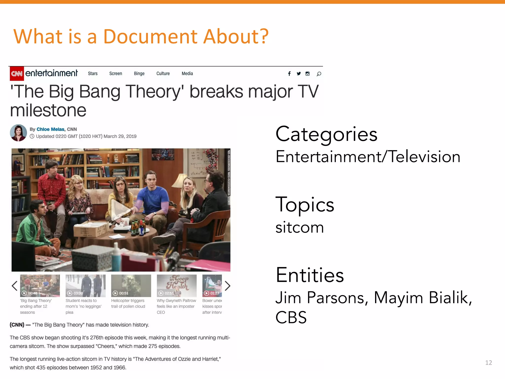 12
What is a Document About?
Categories
Entertainment/Television
Topics
sitcom
Entities
Jim Parsons, Mayim Bialik,
CBS
 