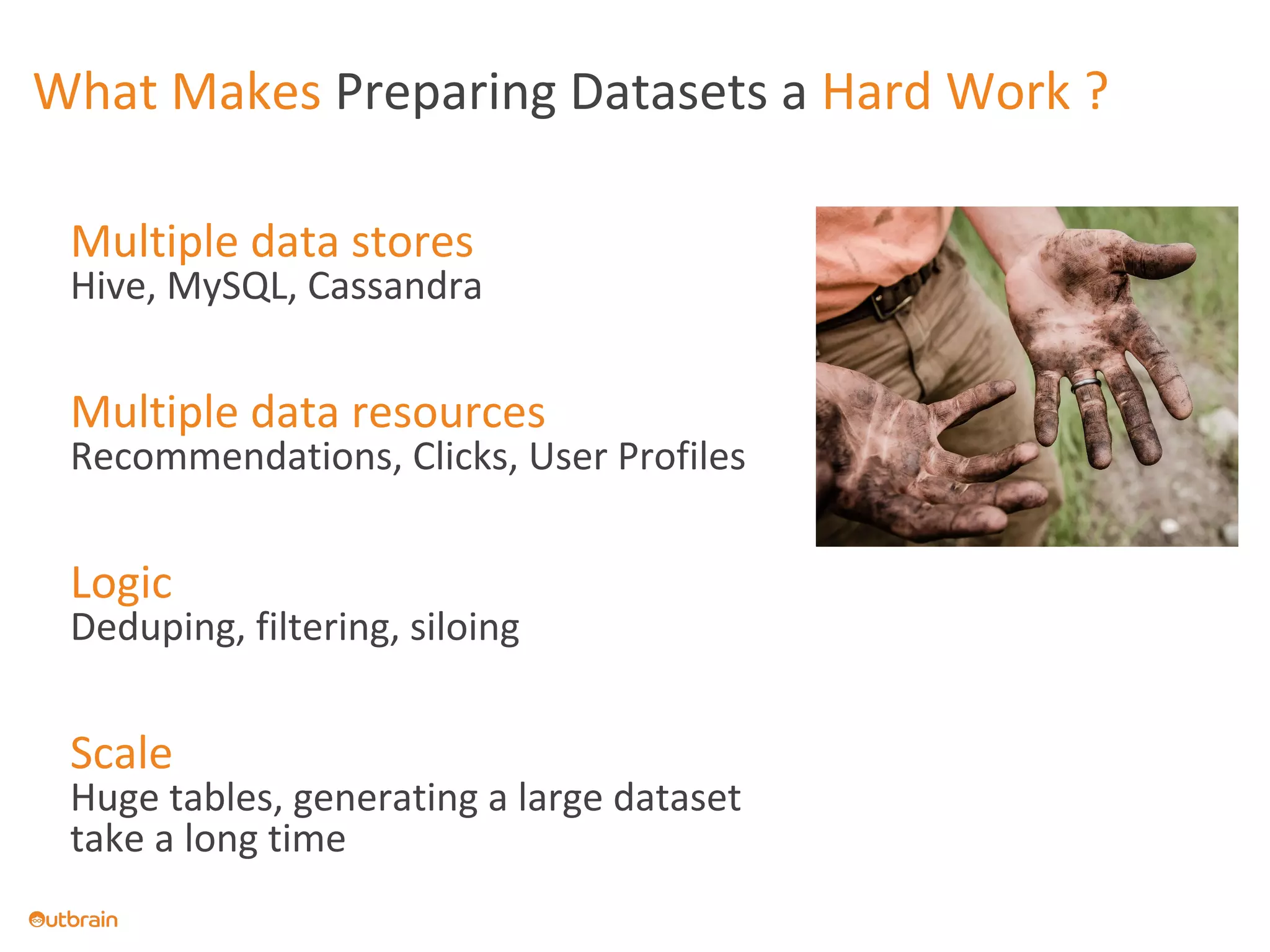 What Makes Preparing Datasets a Hard Work ?
Multiple data stores
Hive, MySQL, Cassandra
Multiple data resources
Recommendations, Clicks, User Profiles
Logic
Deduping, filtering, siloing
Scale
Huge tables, generating a large dataset
take a long time
 