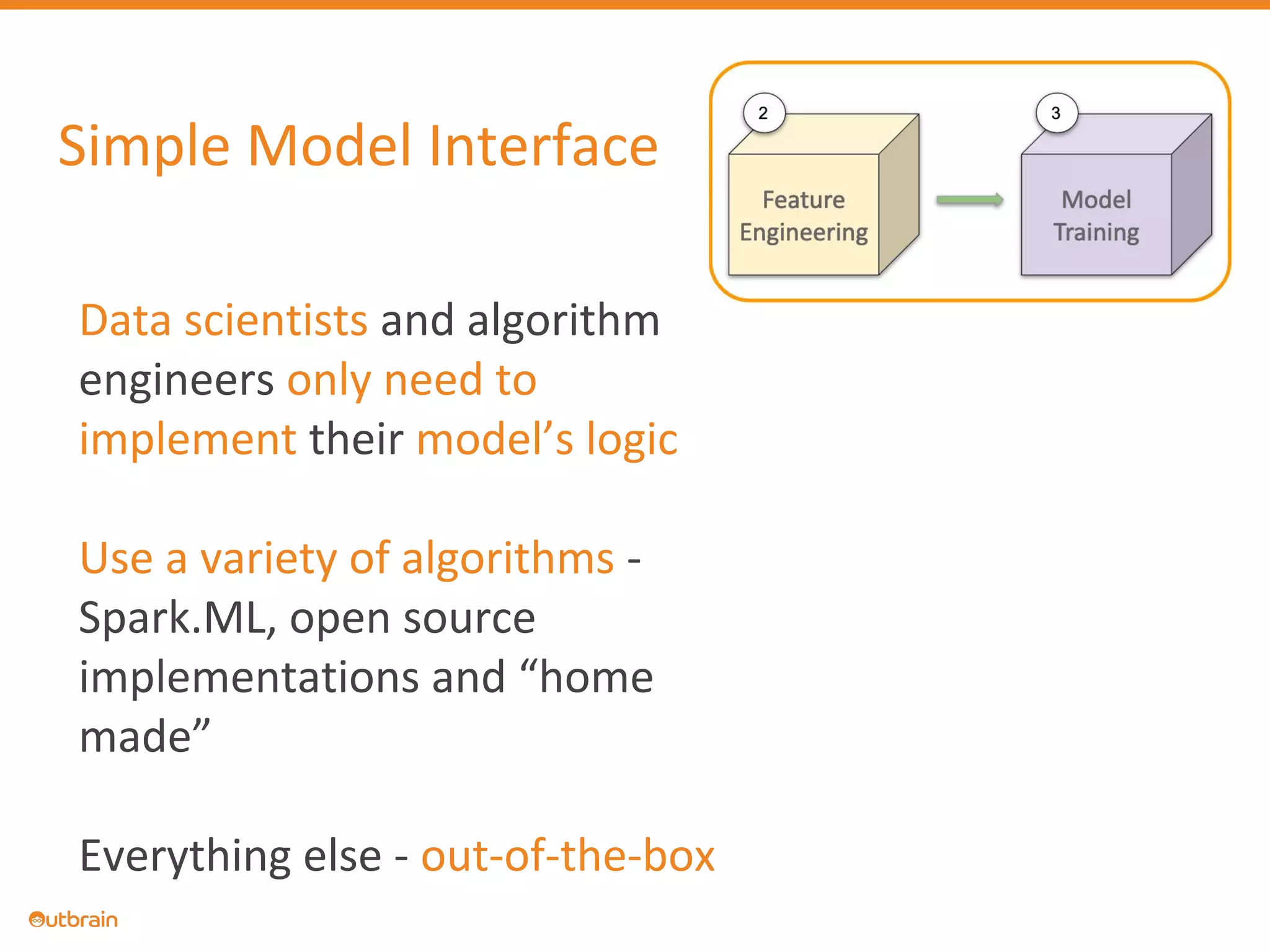 Simple Model Interface
Data scientists and algorithm
engineers only need to
implement their model’s logic
Use a variety of algorithms -
Spark.ML, open source
implementations and “home
made”
Everything else - out-of-the-box
 