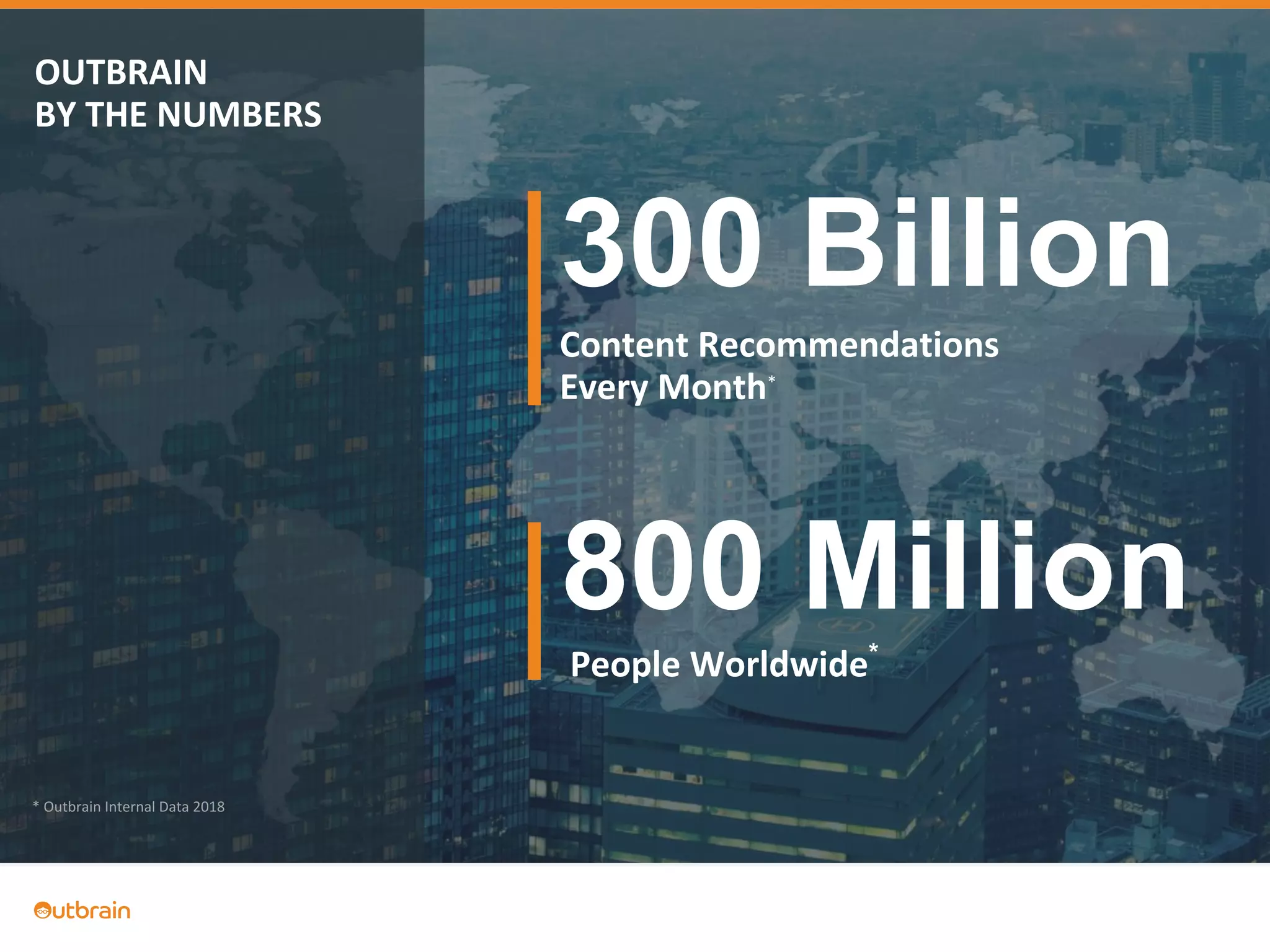 300 Billion
Content Recommendations
Every Month*
800 Million
People Worldwide*
OUTBRAIN
BY THE NUMBERS
* Outbrain Internal Data 2018
 