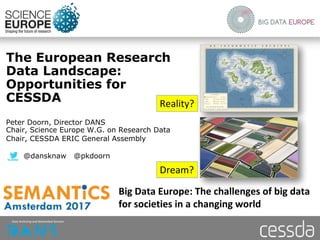 The European Research
Data Landscape:
Opportunities for
CESSDA
Peter Doorn, Director DANS
Chair, Science Europe W.G. on Research Data
Chair, CESSDA ERIC General Assembly
@dansknaw @pkdoorn
 