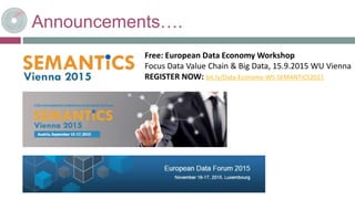Announcements….
Free: European Data Economy Workshop
Focus Data Value Chain & Big Data, 15.9.2015 WU Vienna
REGISTER NOW: bit.ly/Data-Economy-WS-SEMANTiCS2015
 
