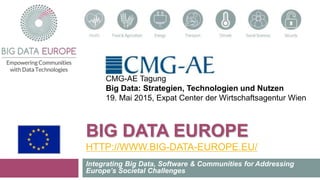 BIG DATA EUROPE
HTTP://WWW.BIG-DATA-EUROPE.EU/
Integrating Big Data, Software & Communities for Addressing
Europe’s Societal Challenges
CMG-AE Tagung
Big Data: Strategien, Technologien und Nutzen
19. Mai 2015, Expat Center der Wirtschaftsagentur Wien
 
