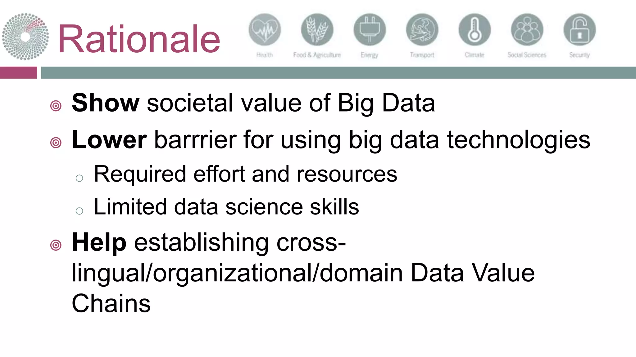 Rationale
 Show societal value of Big Data
 Lower barrrier for using big data technologies
o Required effort and resources
o Limited data science skills
 Help establishing cross-
lingual/organizational/domain Data Value
Chains
30-sept.-15
 