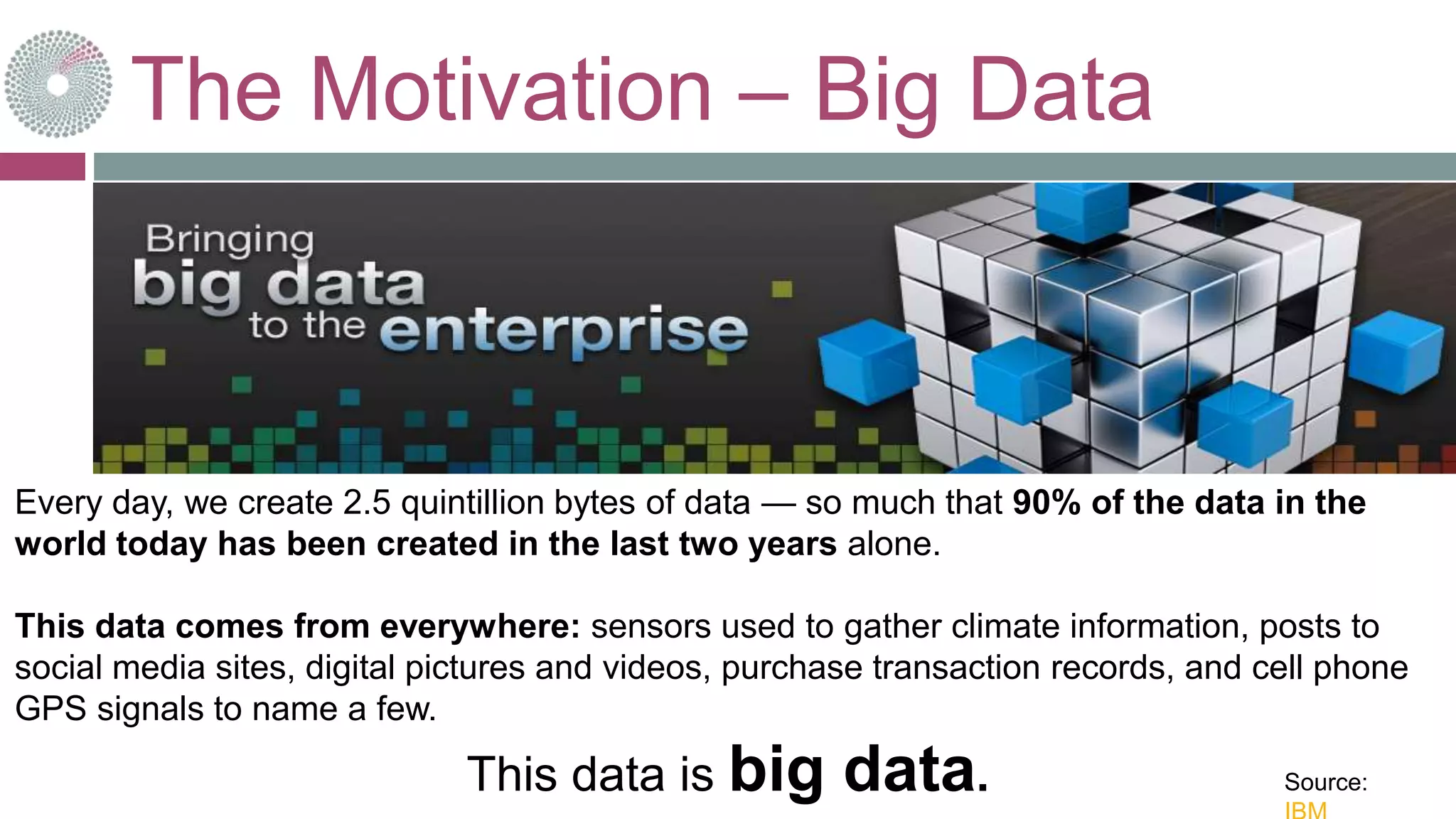 The Motivation – Big Data
Every day, we create 2.5 quintillion bytes of data — so much that 90% of the data in the
world today has been created in the last two years alone.
This data comes from everywhere: sensors used to gather climate information, posts to
social media sites, digital pictures and videos, purchase transaction records, and cell phone
GPS signals to name a few.
This data is big data. Source:
 