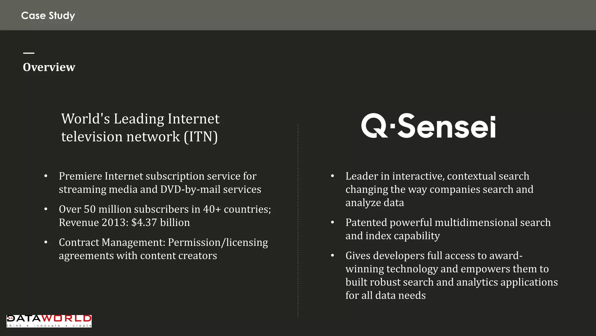 Case Study 
— 
Overview 
•Premiere Internet subscription service for streaming media and DVD-by-mail services 
•Over 50 million subscribers in 40+ countries; Revenue 2013: $4.37 billion 
•Contract Management: Permission/licensing agreements with content creators 
•Leader in interactive, contextual search changing the way companies search and analyze data 
•Patented powerful multidimensional search and index capability 
•Gives developers full access to award- winning technology and empowers them to built robust search and analytics applications for all data needs 
World's Leading Internet television network (ITN)  