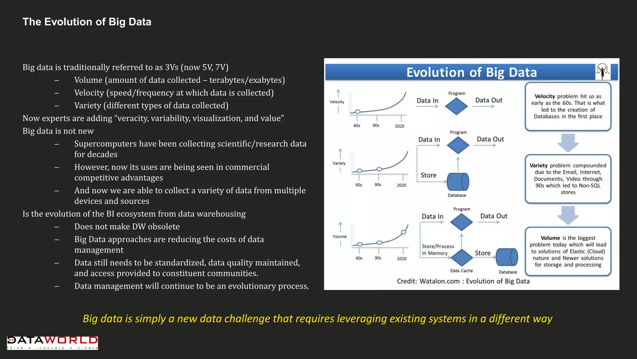The Evolution of Big Data 
Big data is traditionally referred to as 3Vs (now 5V, 7V) 
Volume (amount of data collected – terabytes/exabytes) 
Velocity (speed/frequency at which data is collected) 
Variety (different types of data collected) 
Now experts are adding “veracity, variability, visualization, and value” 
Big data is not new 
Supercomputers have been collecting scientific/research data for decades 
However, now its uses are being seen in commercial competitive advantages 
And now we are able to collect a variety of data from multiple devices and sources 
Is the evolution of the BI ecosystem from data warehousing 
Does not make DW obsolete 
Big Data approaches are reducing the costs of data management 
Data still needs to be standardized, data quality maintained, and access provided to constituent communities. 
Data management will continue to be an evolutionary process. 
Big data is simply a new data challenge that requires leveraging existing systems in a different way  