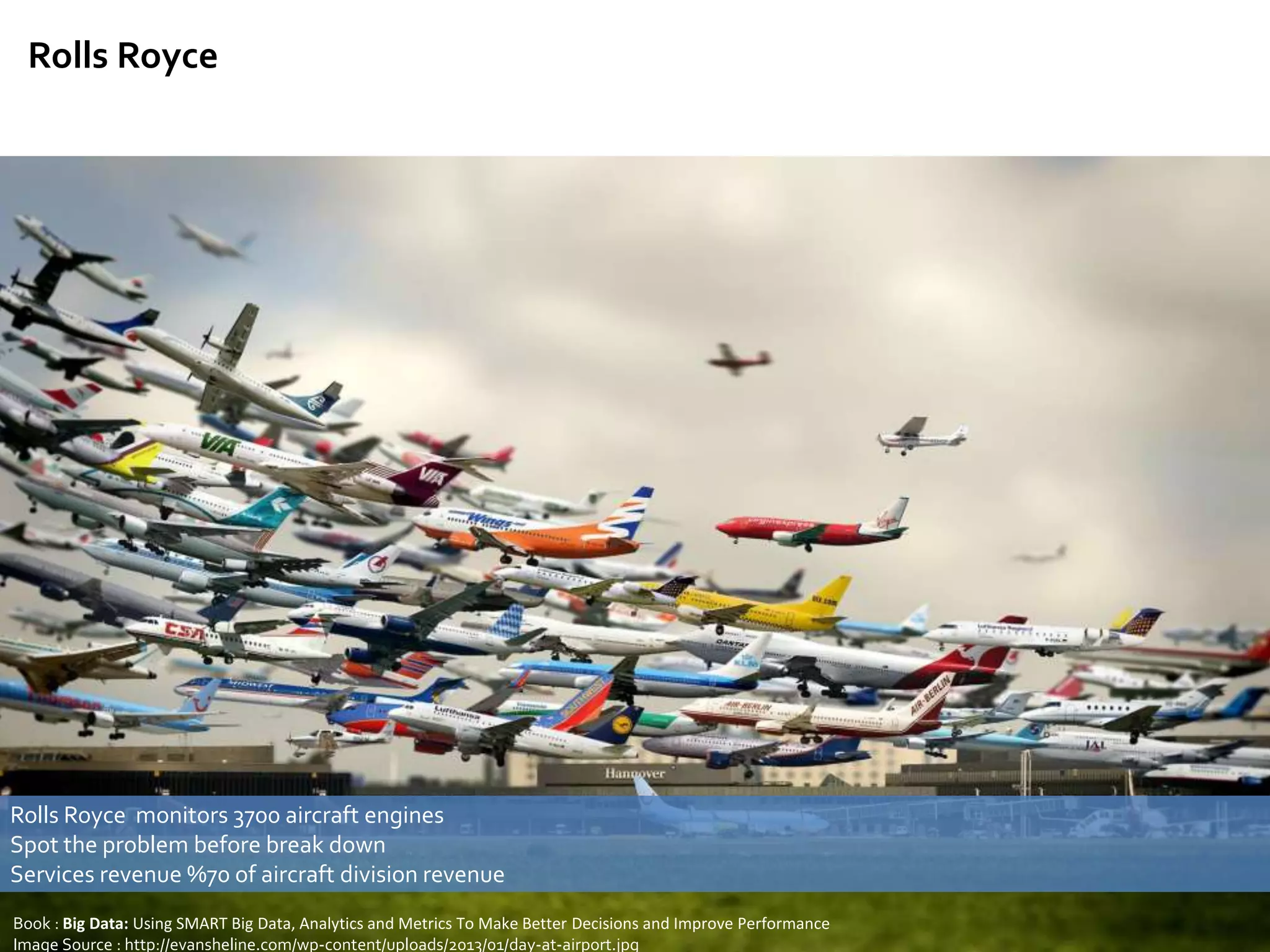 Rolls Royce monitors 3700 aircraft engines
Spot the problem before break down
Services revenue %70 of aircraft division revenue
Book : Big Data: Using SMART Big Data, Analytics and Metrics To Make Better Decisions and Improve Performance
Image Source : http://evansheline.com/wp-content/uploads/2013/01/day-at-airport.jpg
Rolls Royce
 