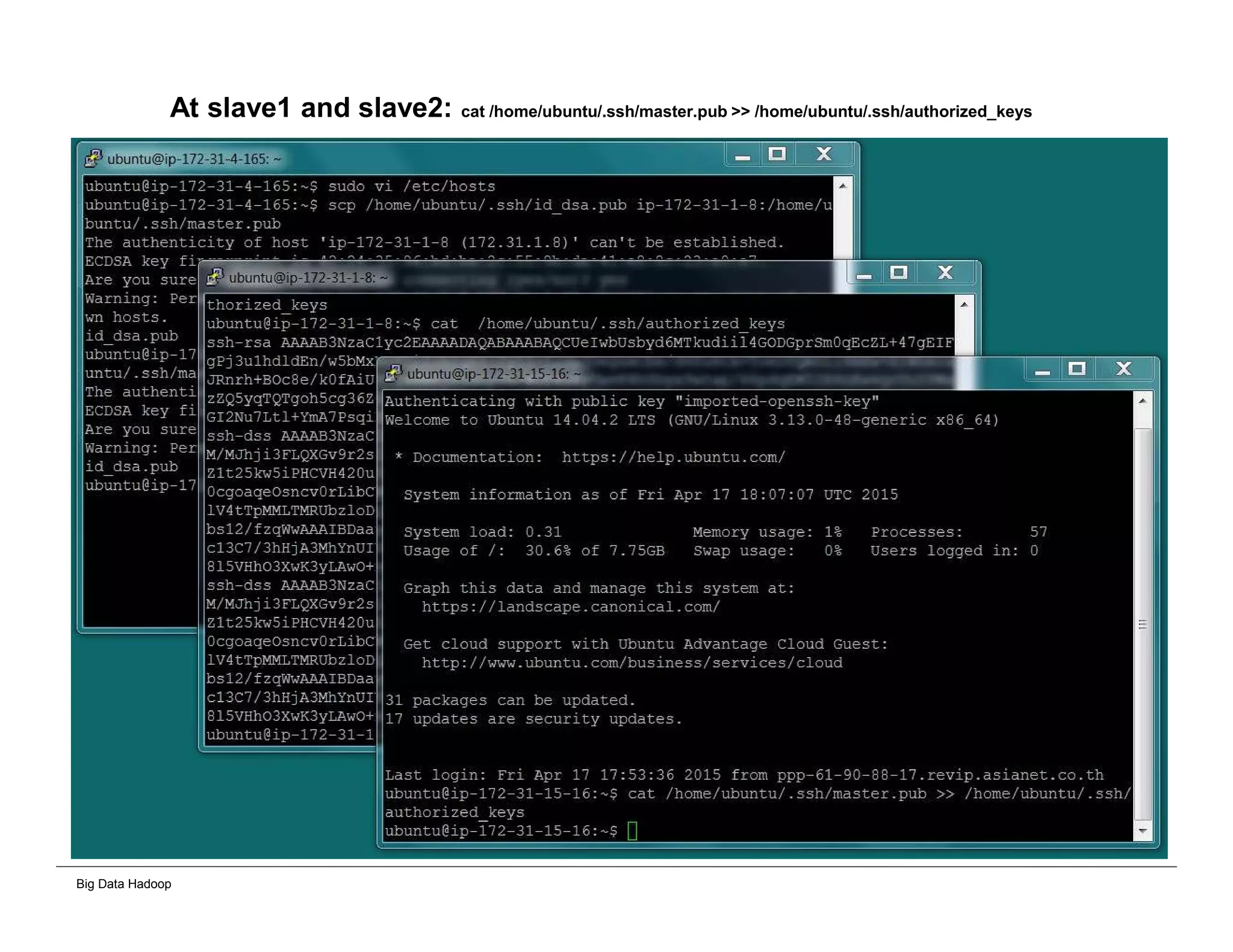 Big Data Hadoop
At slave1 and slave2: cat /home/ubuntu/.ssh/master.pub >> /home/ubuntu/.ssh/authorized_keys
 