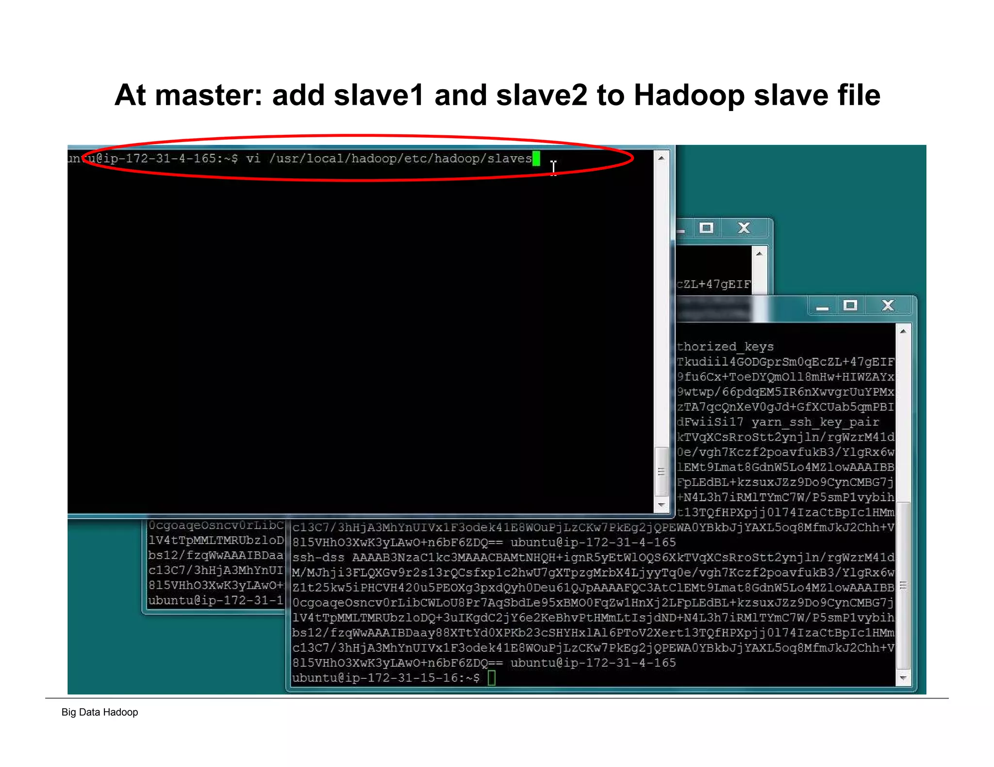 Big Data Hadoop
At master: add slave1 and slave2 to Hadoop slave file
 