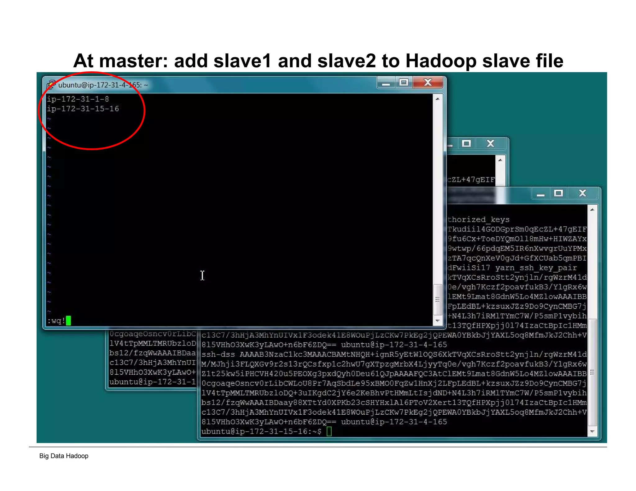 Big Data Hadoop
At master: add slave1 and slave2 to Hadoop slave file
 