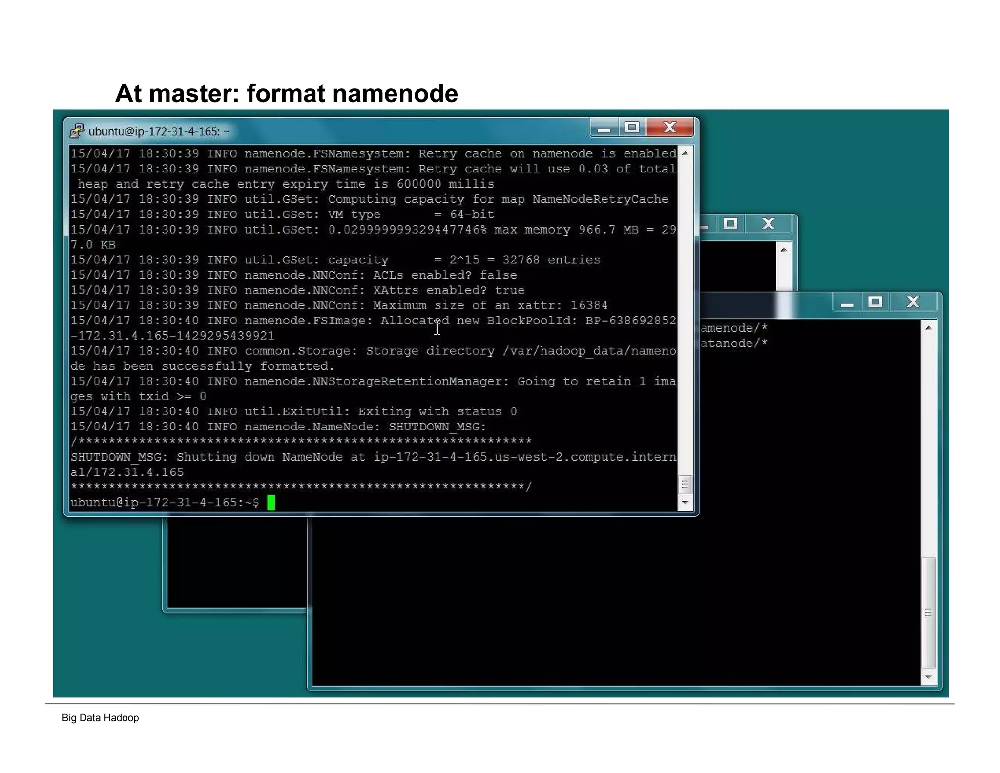 Big Data Hadoop
At master: format namenode
 