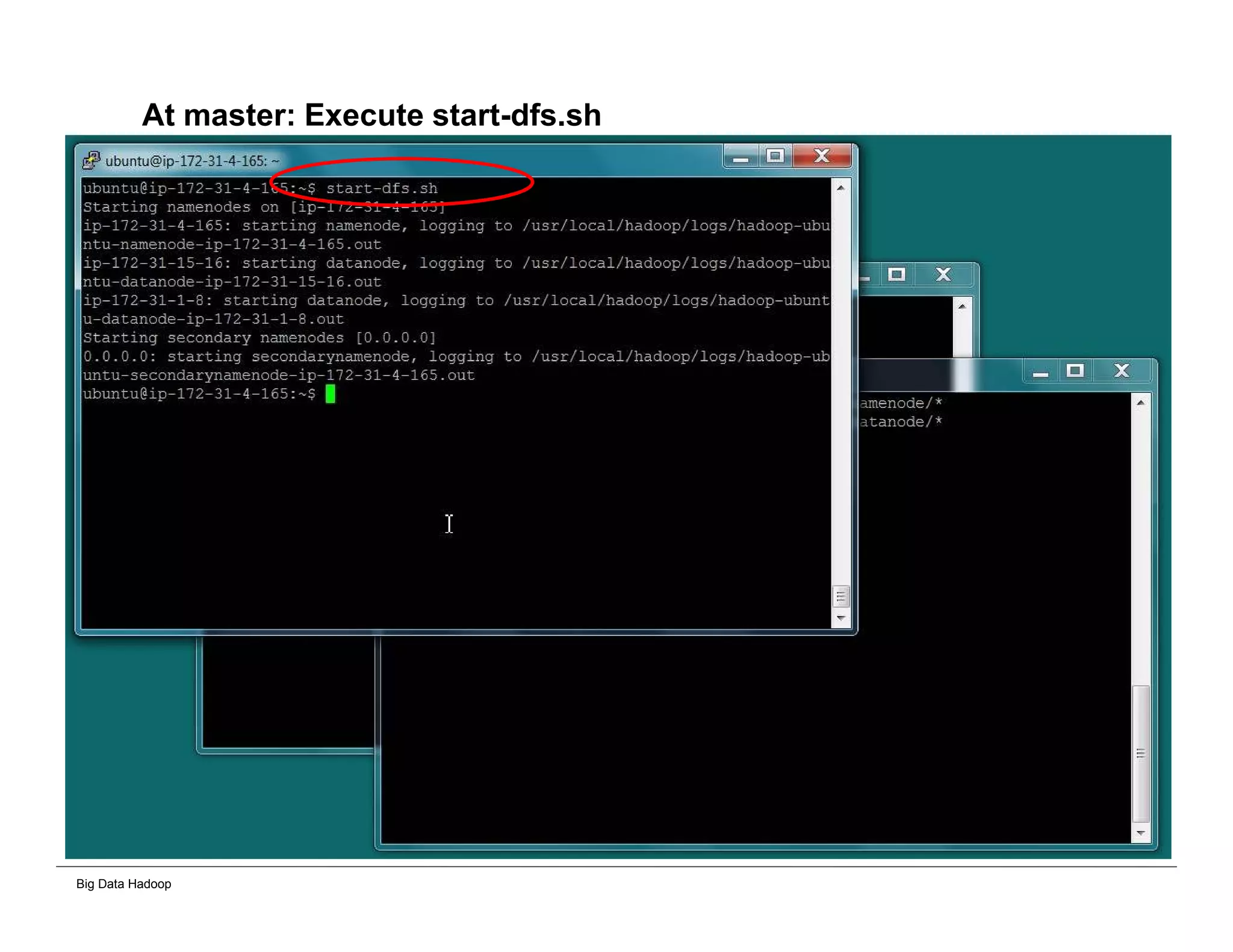 Big Data Hadoop
At master: Execute start-dfs.sh
 