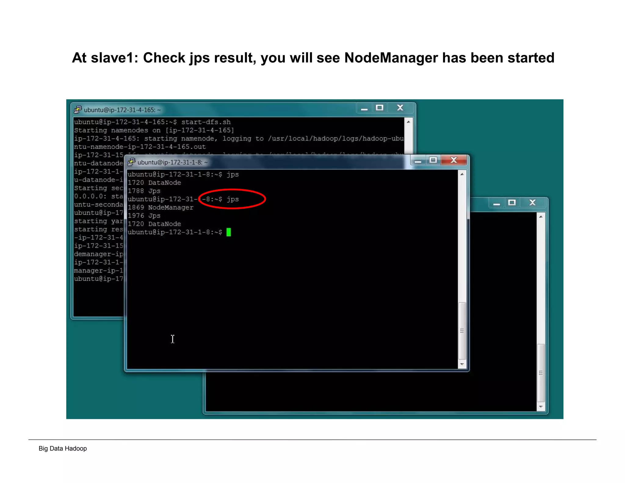 Big Data Hadoop
At slave1: Check jps result, you will see NodeManager has been started
 