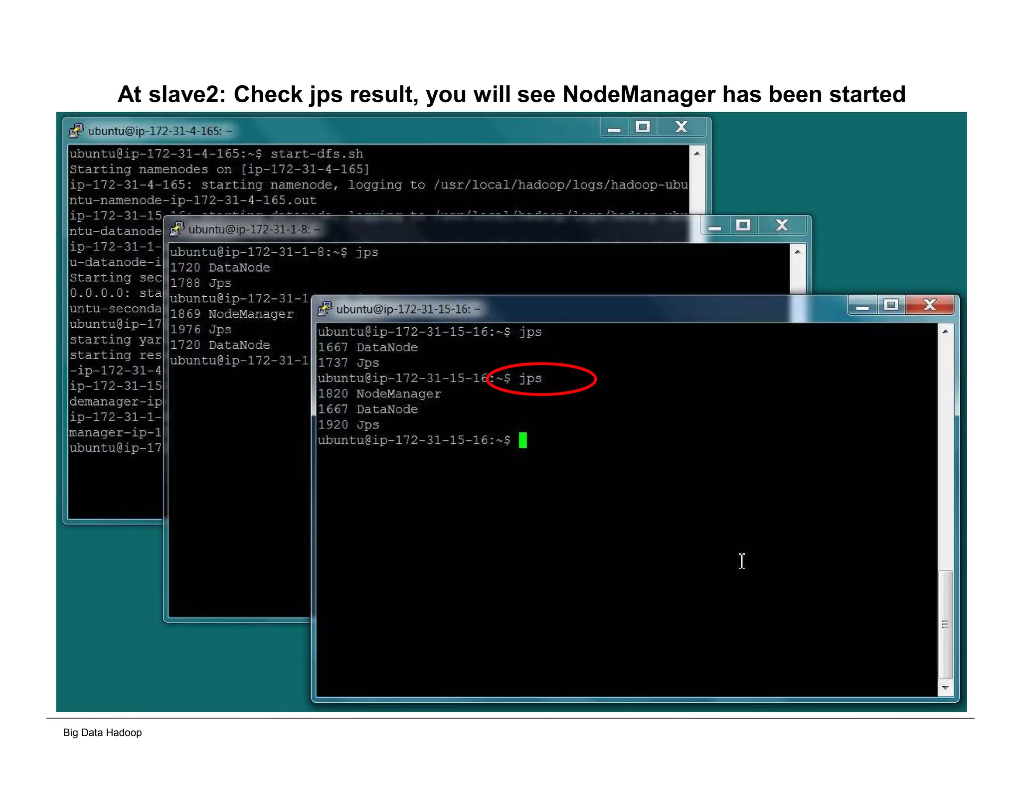 Big Data Hadoop
At slave2: Check jps result, you will see NodeManager has been started
 