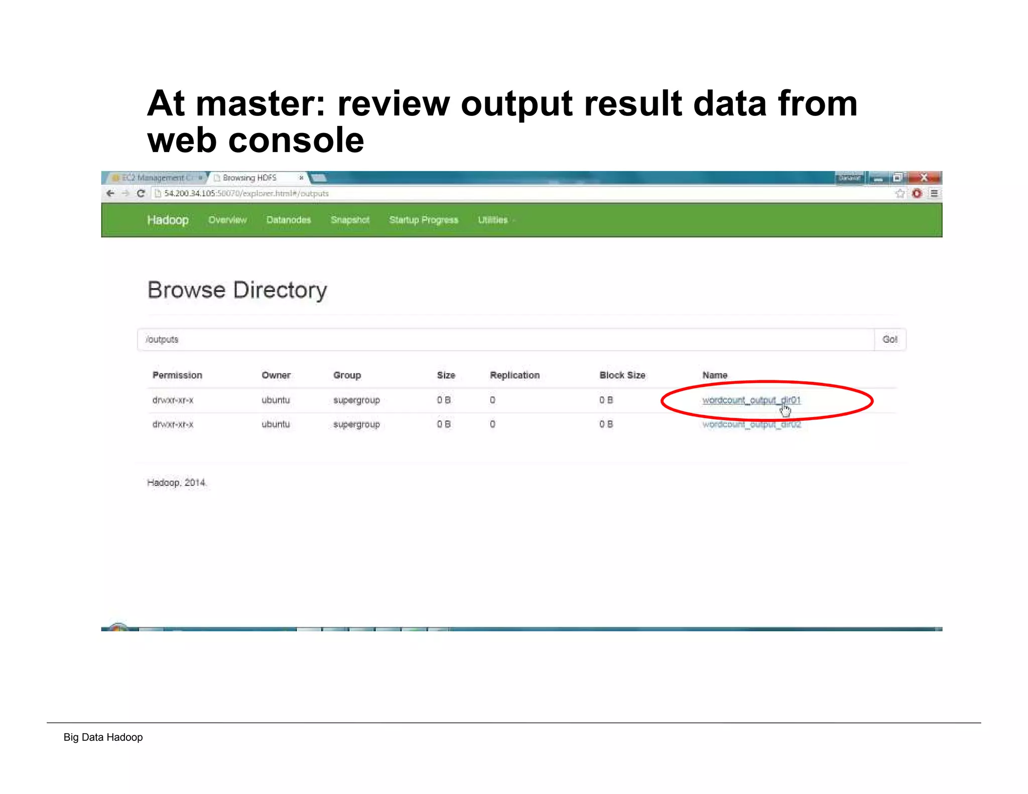 Big Data Hadoop
At master: review output result data from
web console
 