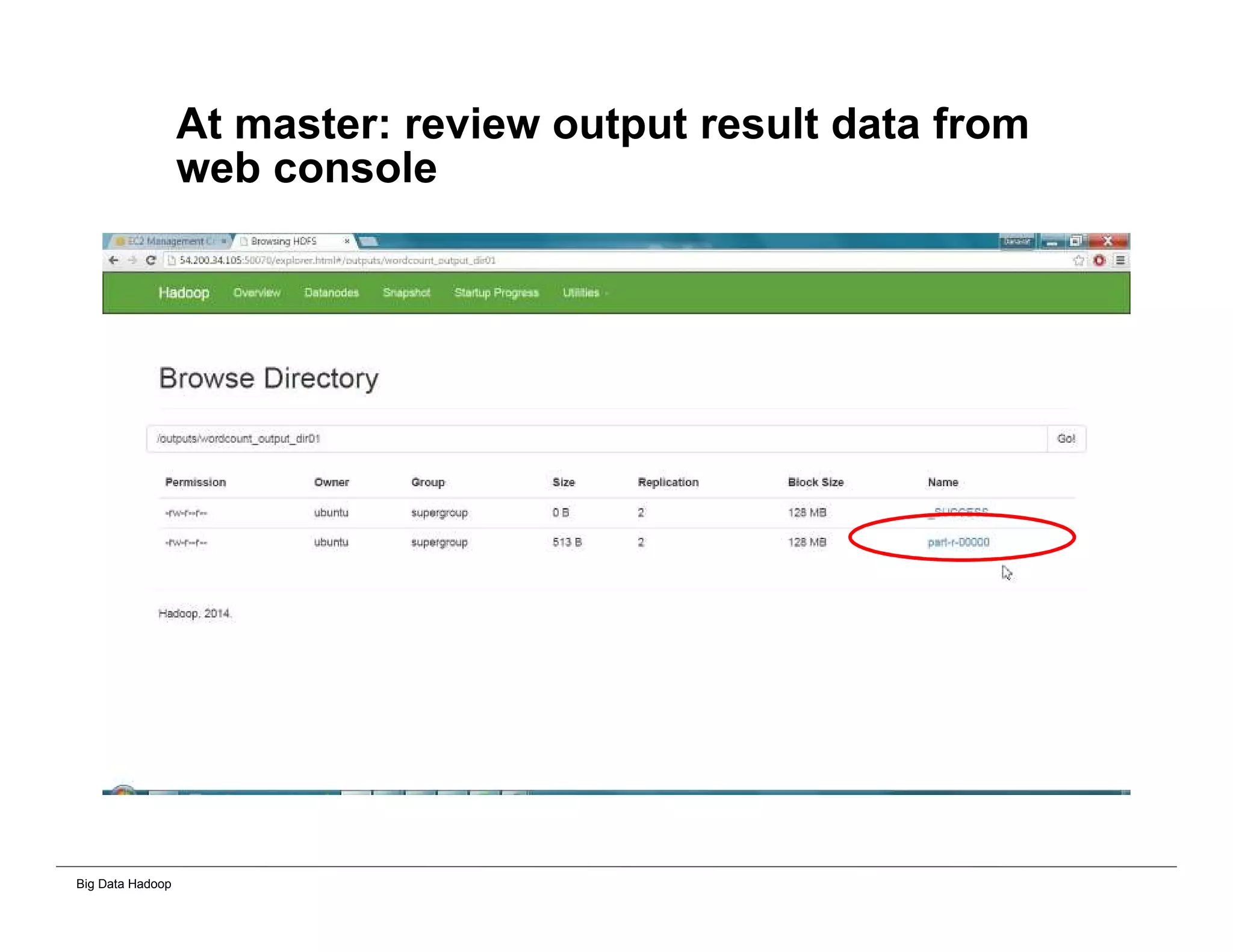 Big Data Hadoop
At master: review output result data from
web console
 