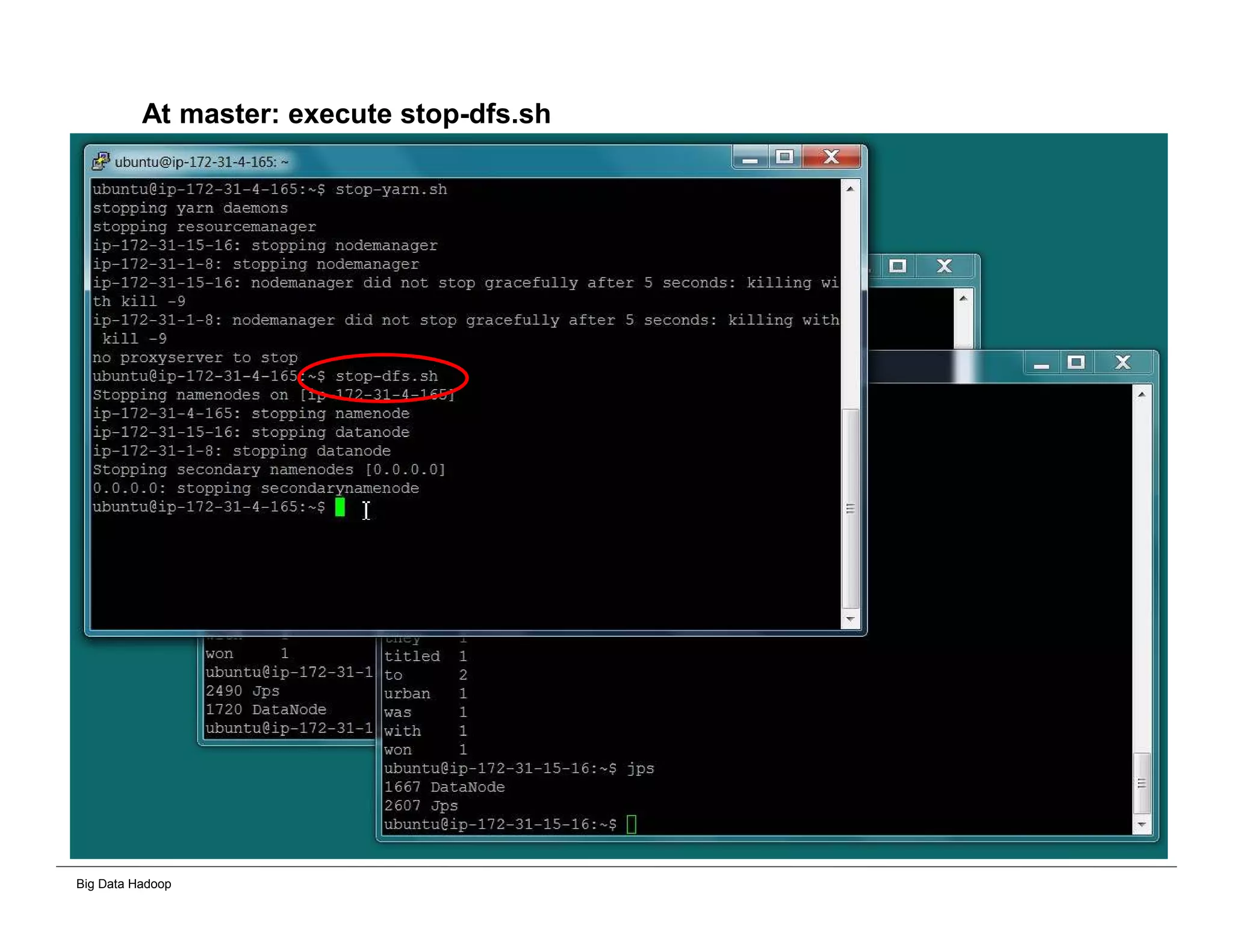 Big Data Hadoop
At master: execute stop-dfs.sh
 